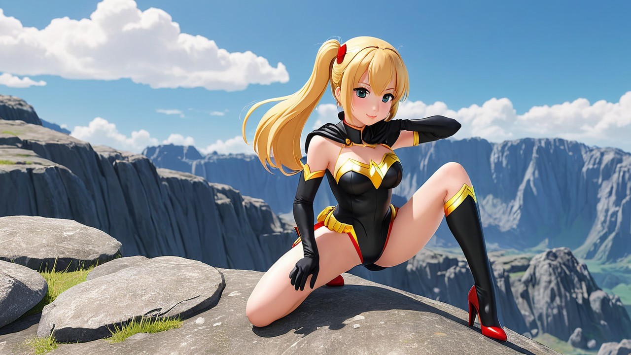 Anime Character on Rocky Ledge with Mountain View
