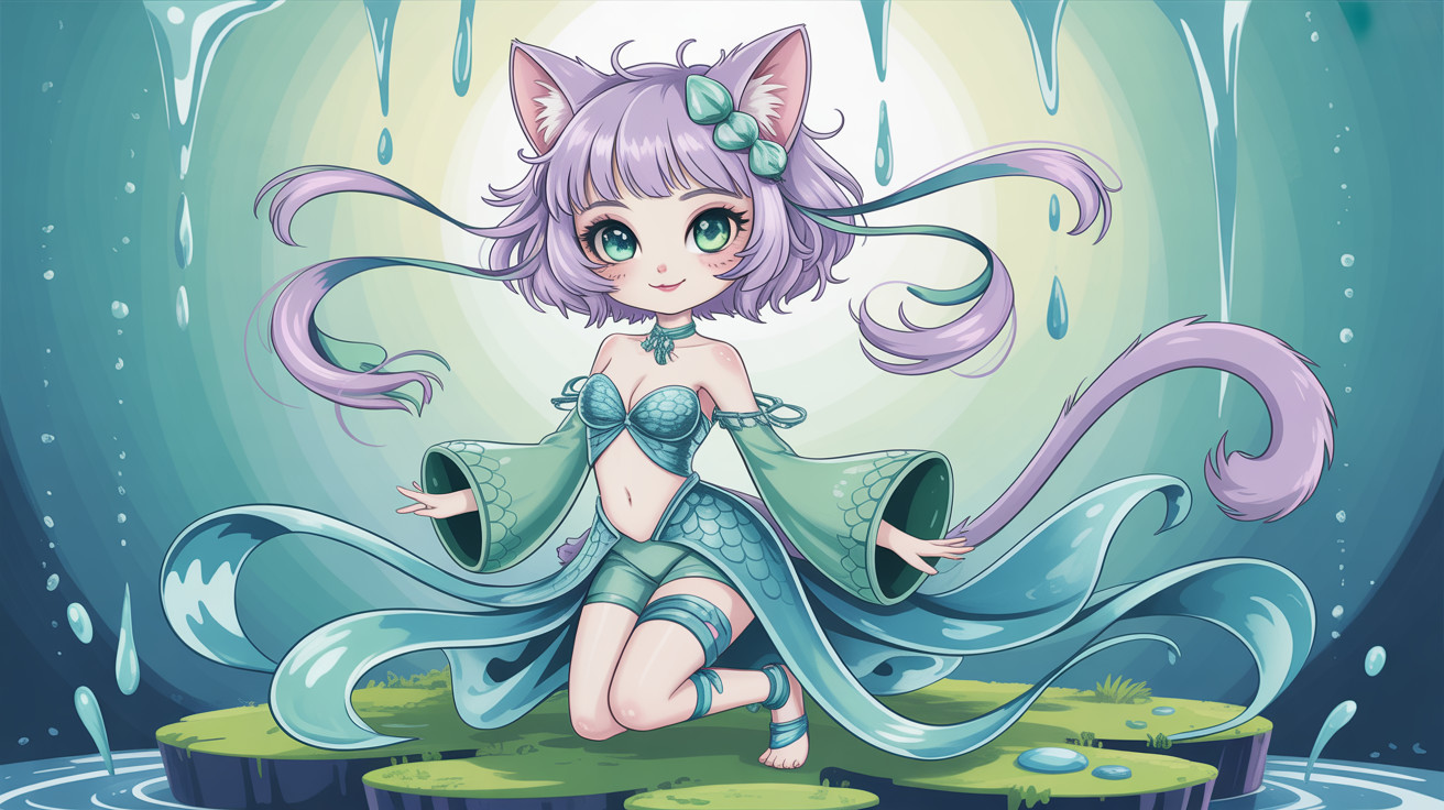 Chibi Cat Girl in Teal Mermaid Outfit on Lily Pads
