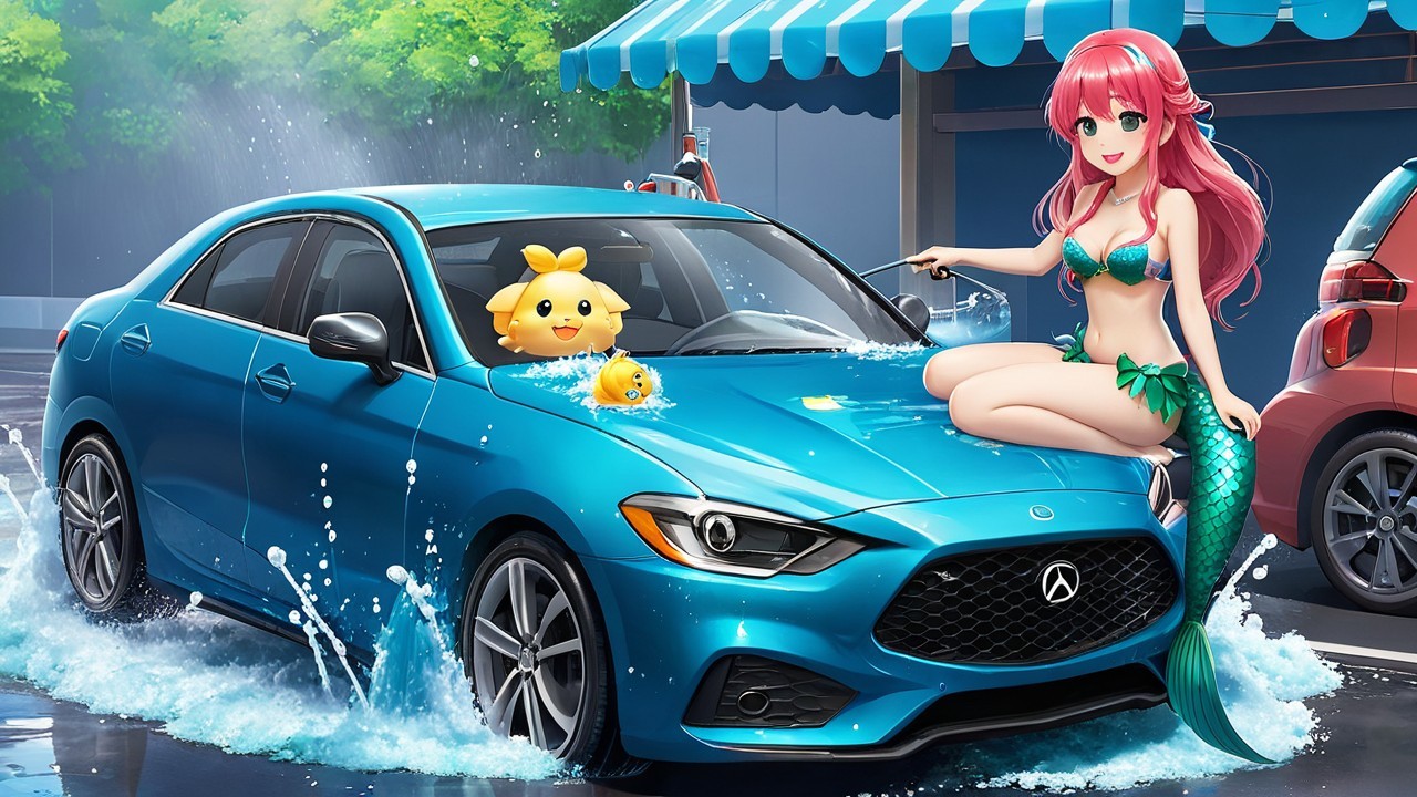 Vibrant scene with blue car and whimsical mermaid
