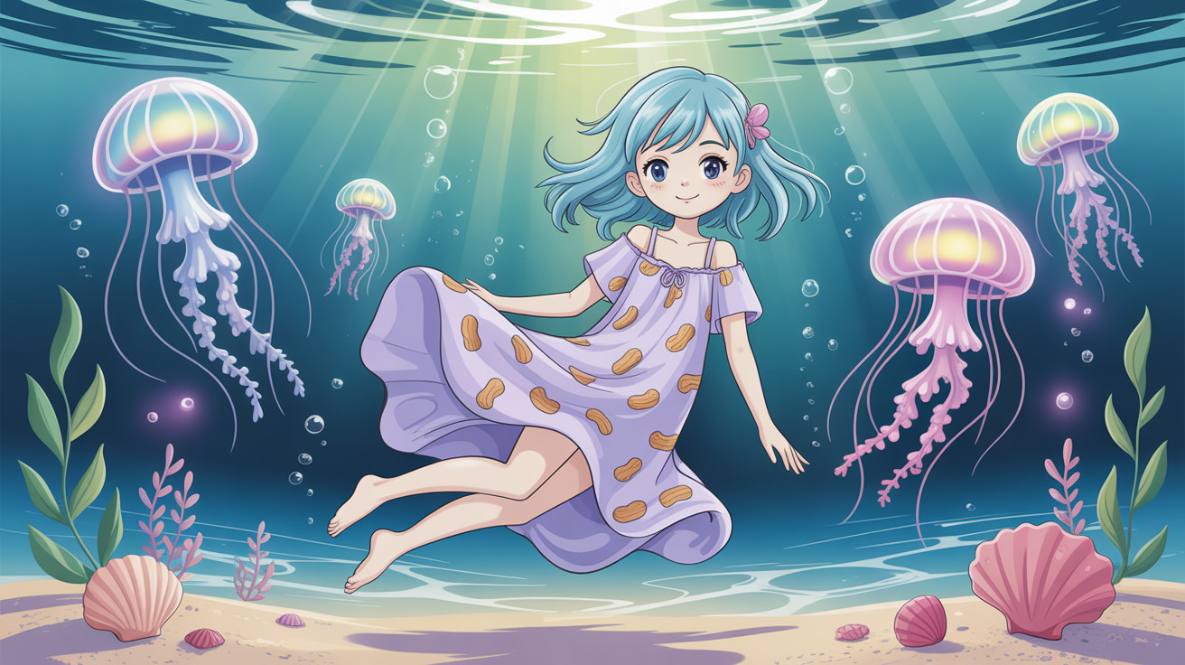 Anime Illustration of Girl Swimming with Jellyfish
