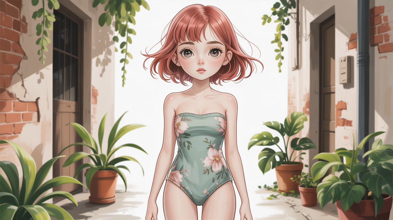 Anime Girl in Mint Green Swimsuit in Alleyway Setting