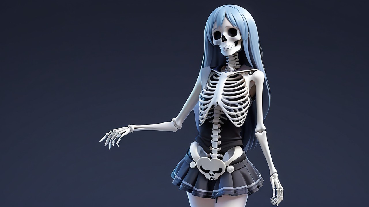 Stylized Skeleton Figure with Playful Expression and Outfit