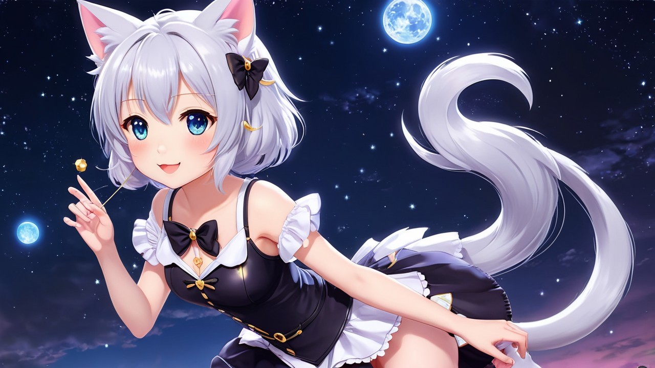 Anime Character with Cat Features Under Starry Sky