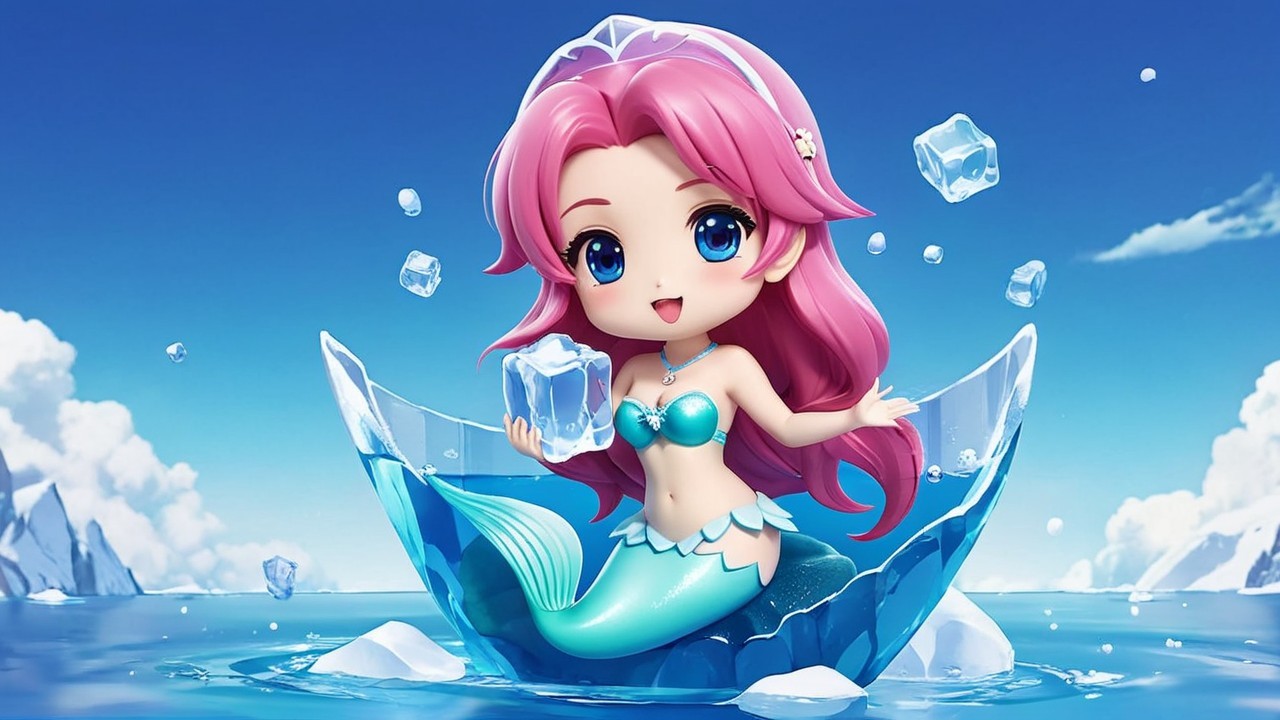 Chibi-style mermaid with pink hair on ice shard