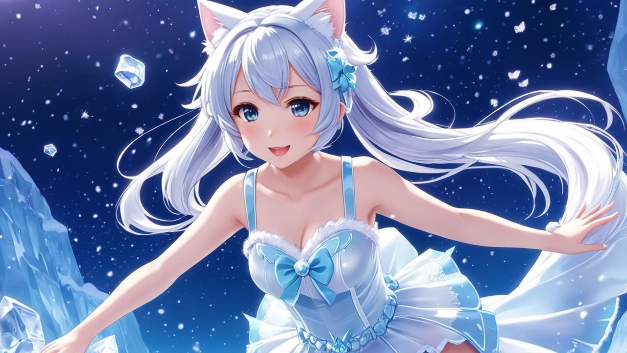 Cheerful anime girl in snowy winter setting