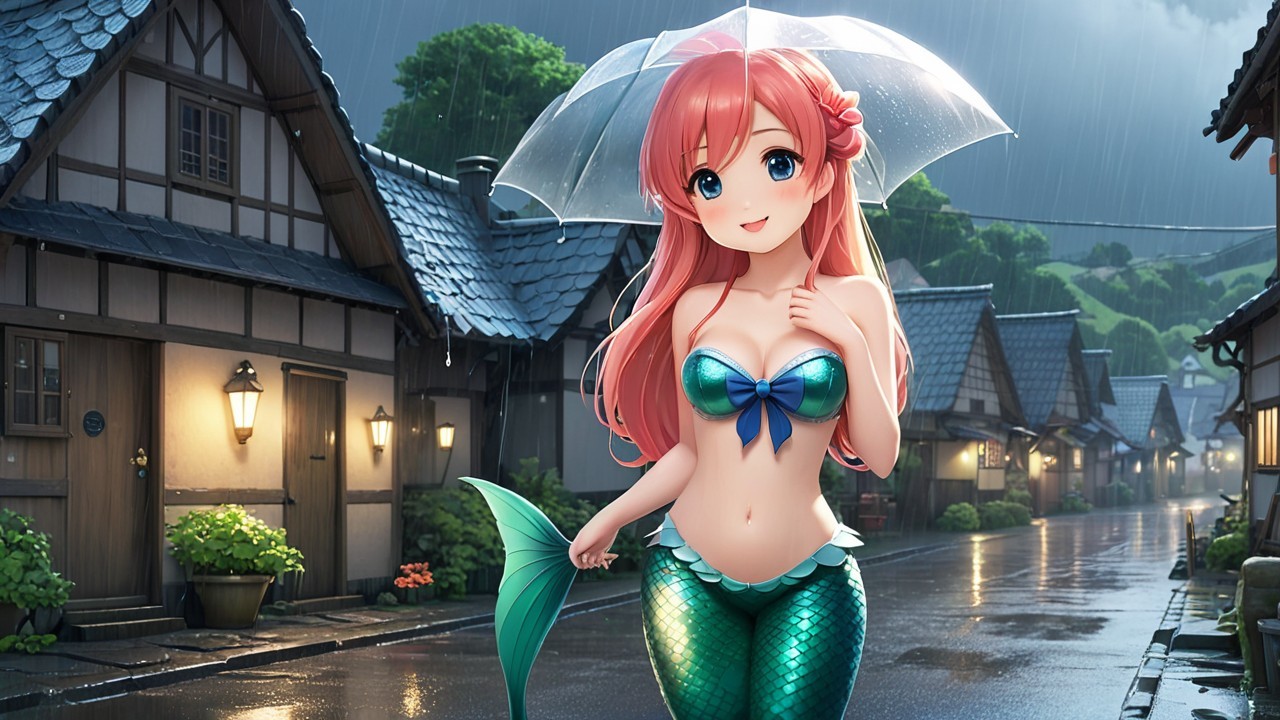Mermaid with Red Hair in Rainy Cottage Street Scene