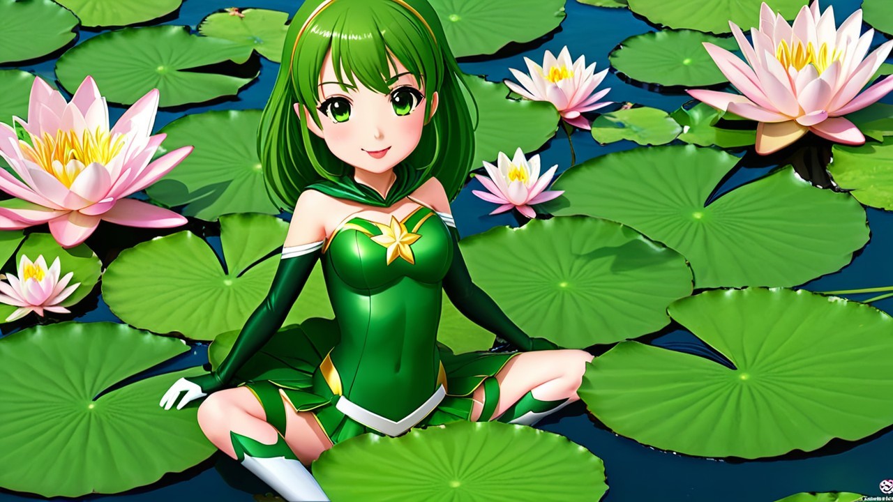 Cheerful Character on Lily Pads in Tranquil Pond