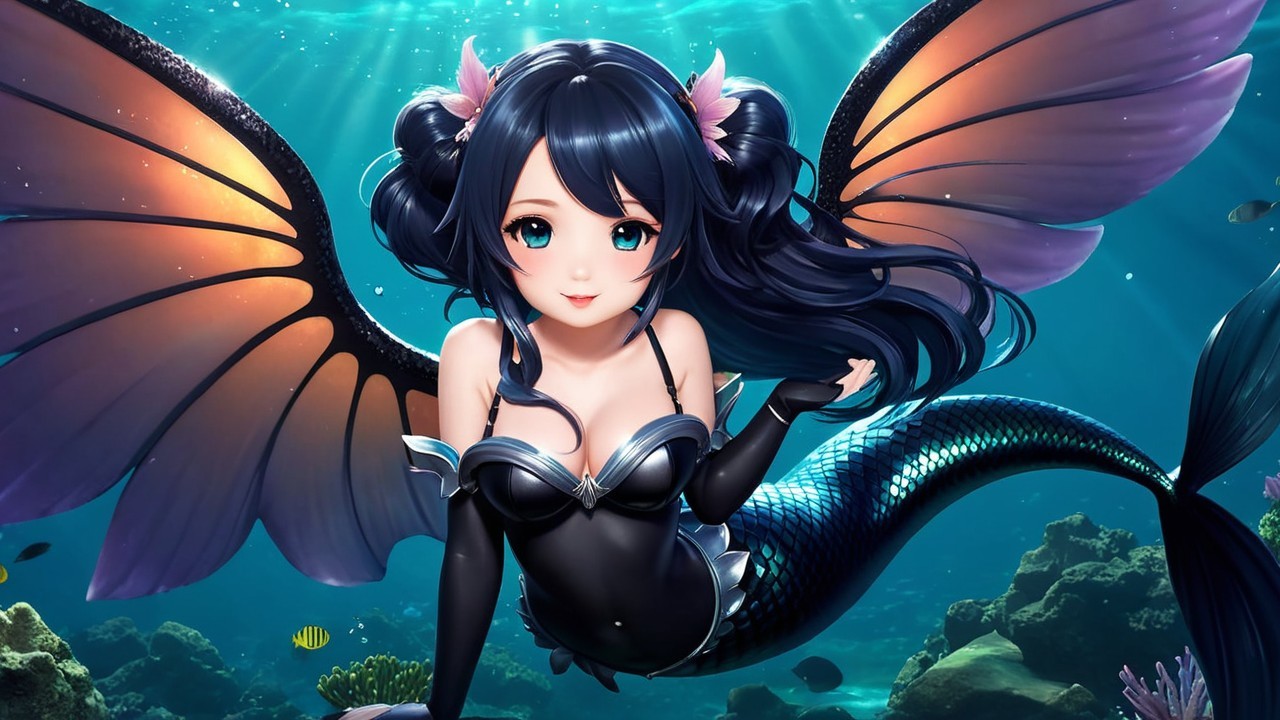Mermaid with Colorful Wings in Vibrant Underwater Scene