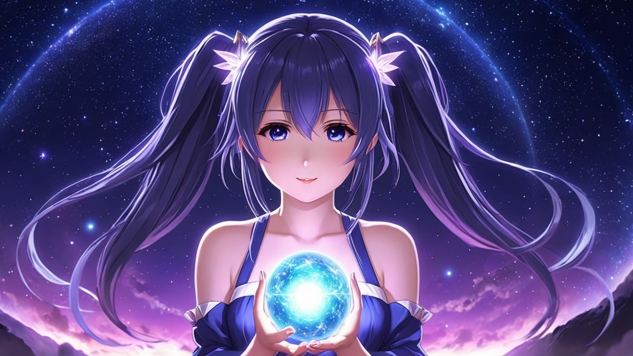 Anime girl with glowing orb in cosmic backdrop