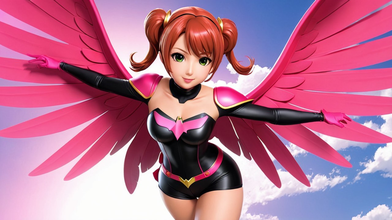 Vibrant Character with Pink Wings in Dynamic Pose