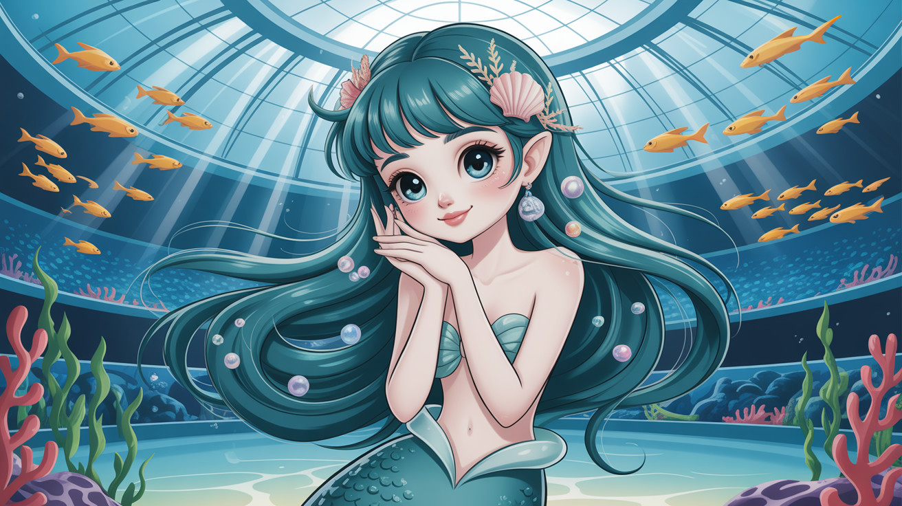 Mermaid in Aquarium with Teal Hair and Blue Eyes