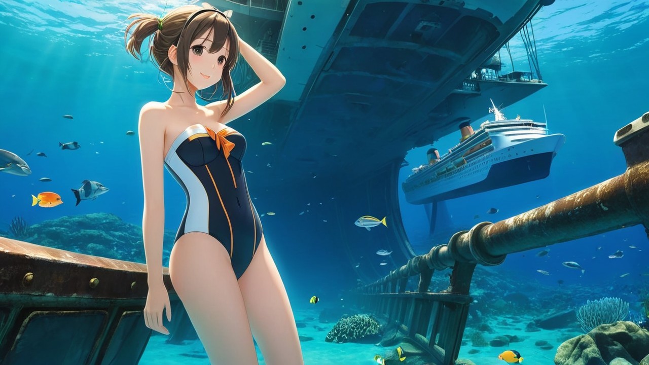 Animated Character in Swimsuit Near Shipwreck