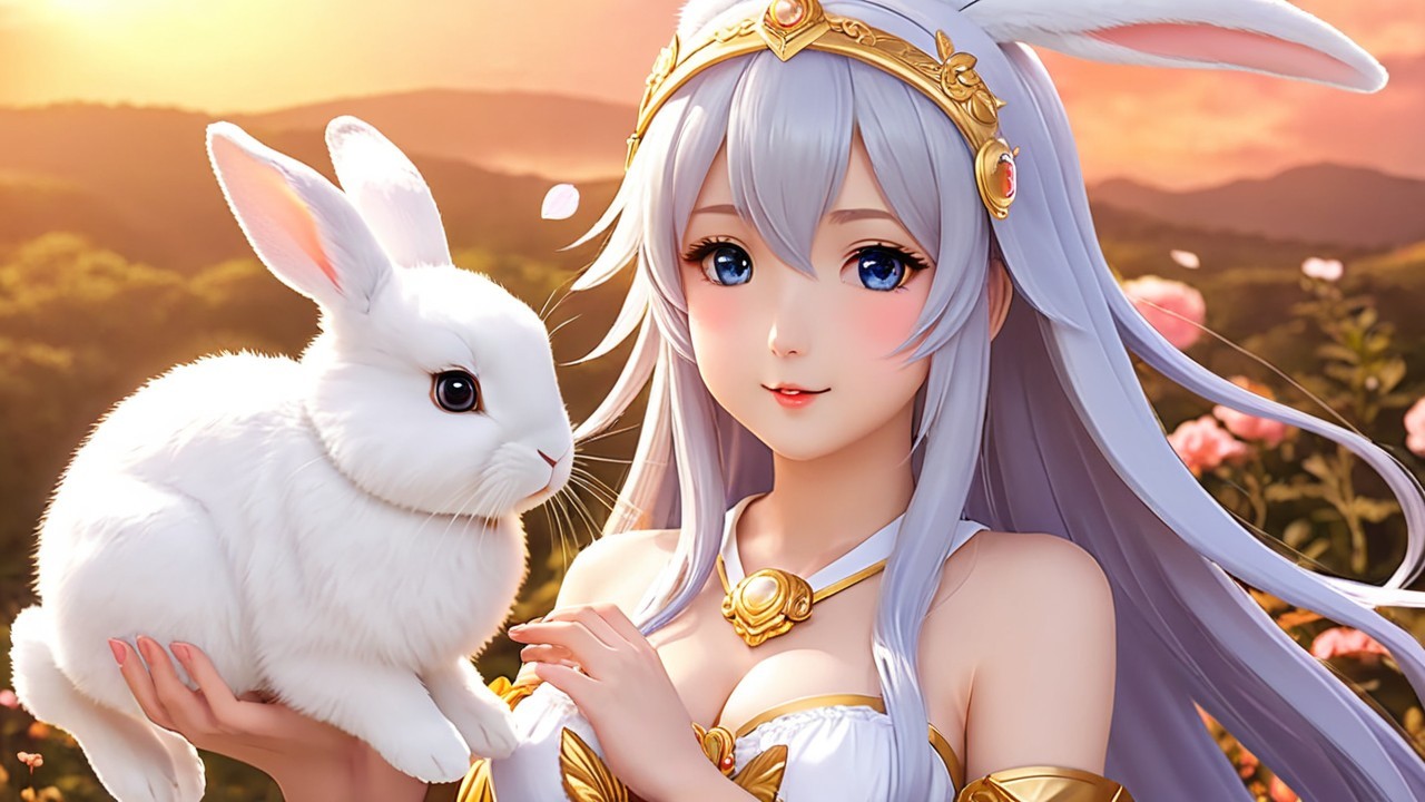 Fantasy scene with a woman, rabbit, and sunset landscape