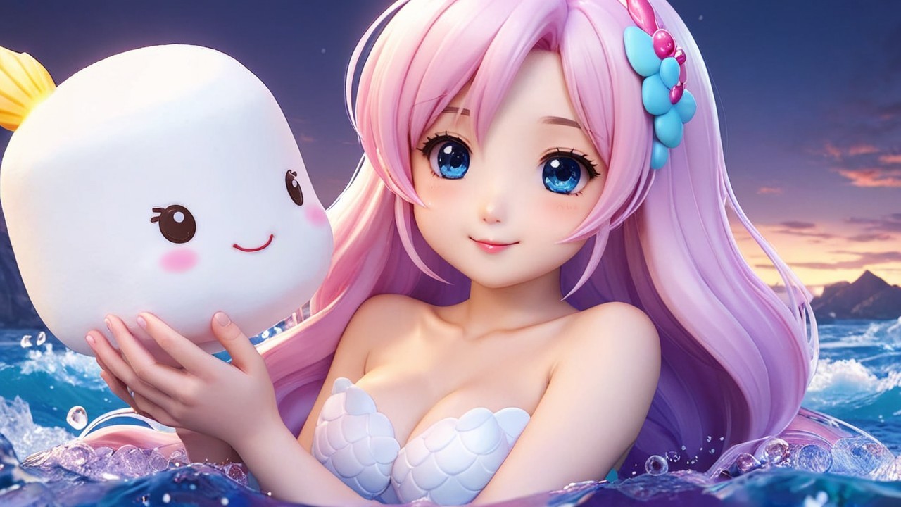 Animated girl with pastel pink hair in ocean scene
