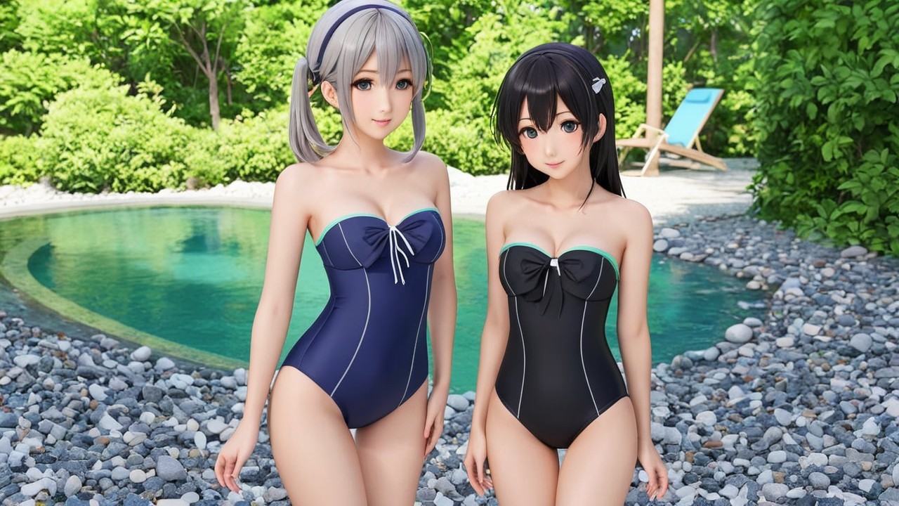 Animated Characters in Stylish Swimsuits by Pool