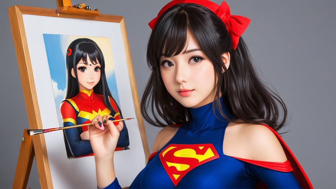 Young Woman in Superhero Costume with Art Easel