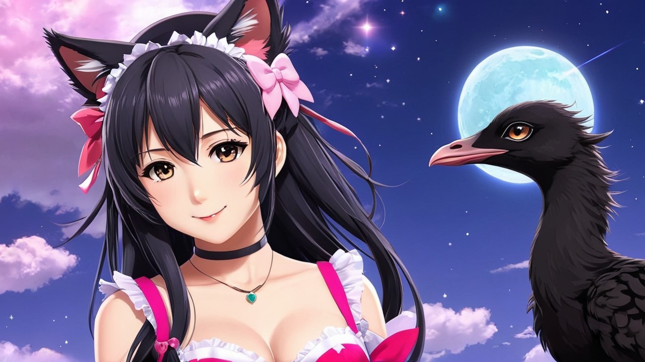 Fantasy Scene with Young Woman and Dark Bird