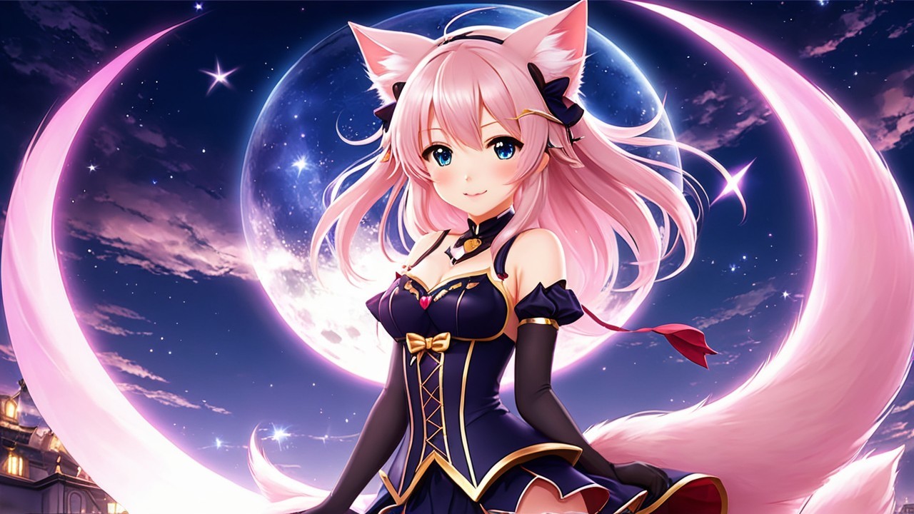Anime Character with Pink Hair and Fox Ears in Night Sky