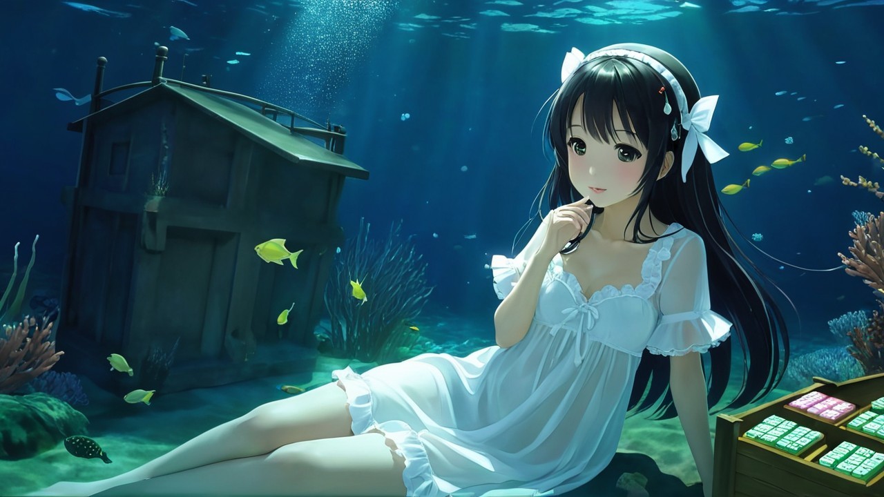 Underwater Scene with Woman, Coral, and Sunken Structure