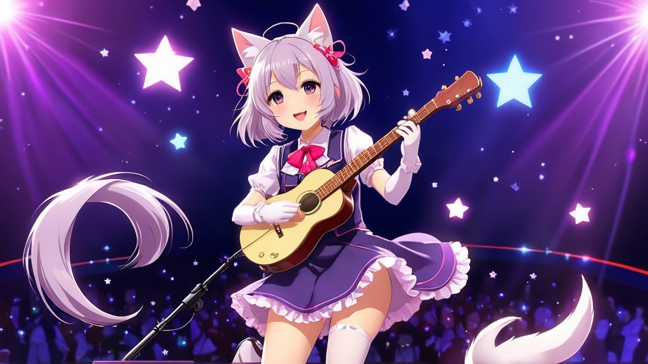 Anime-style character with cat ears performing on stage