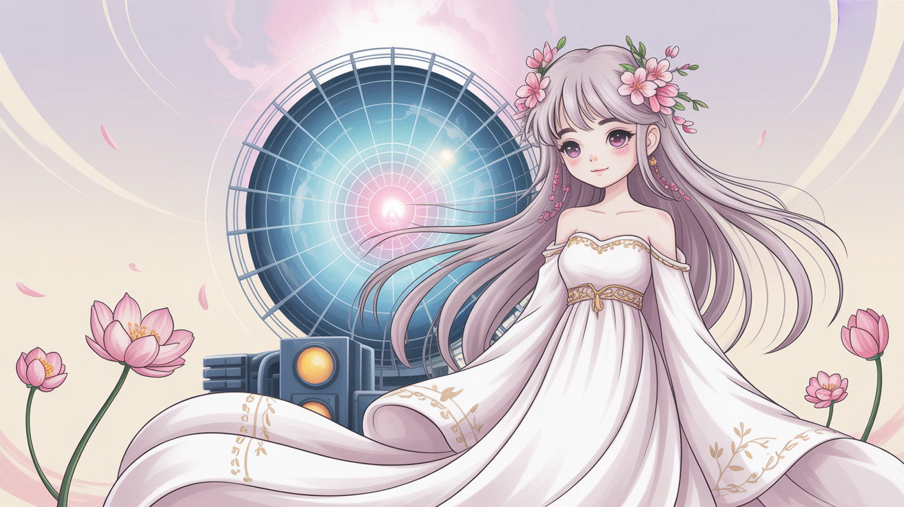 Young Woman in Elegant Dress with Cherry Blossoms