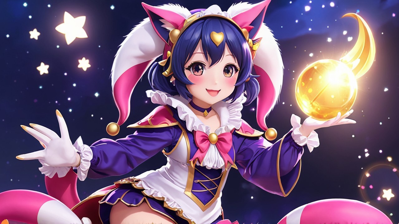 Whimsical Cat-like Character in Jester Outfit Under Stars