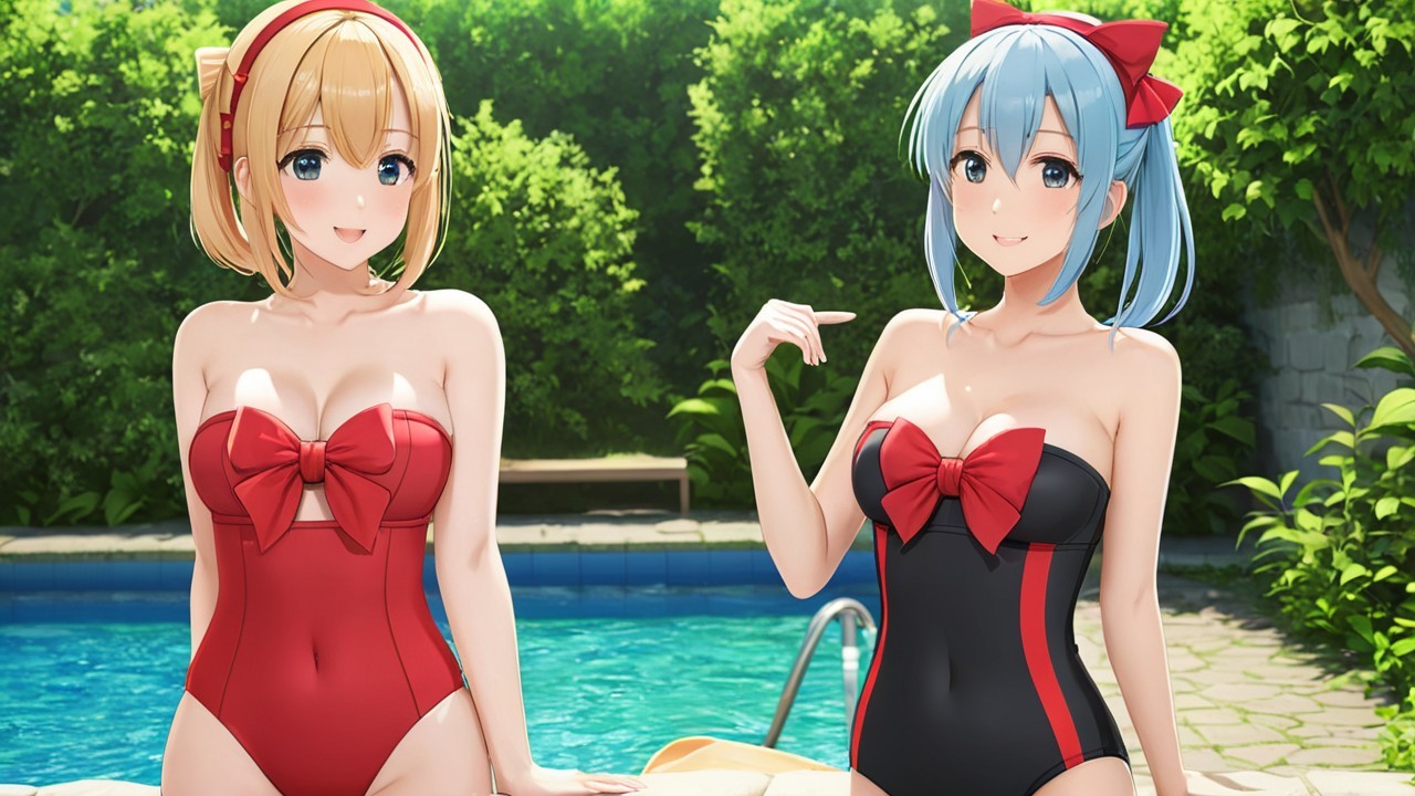 Cheerful Anime Girls by Pool in Stylish Swimsuits