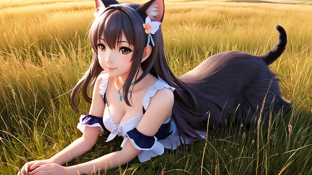 Charming girl with cat ears in a sunlit field