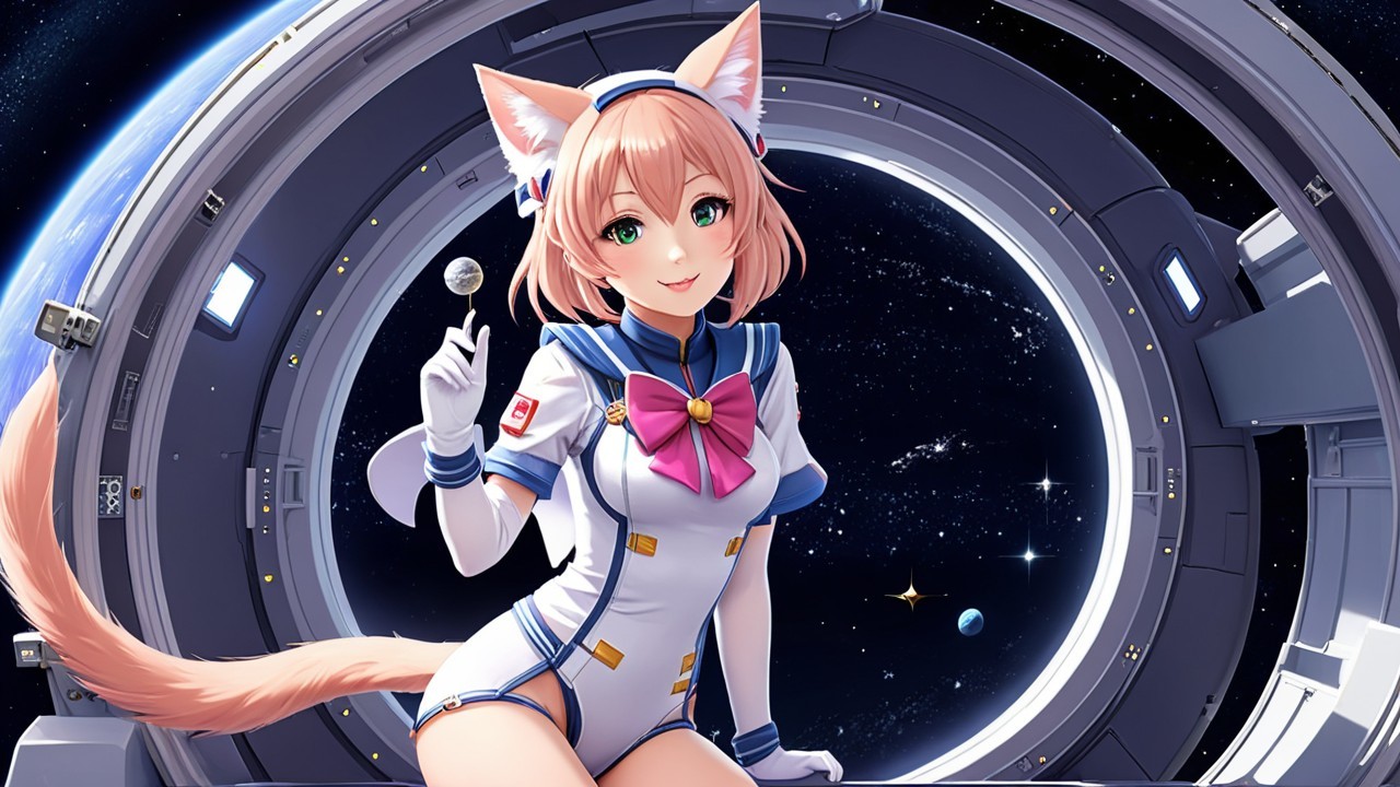 Humanoid Character with Cat Features in Space Setting