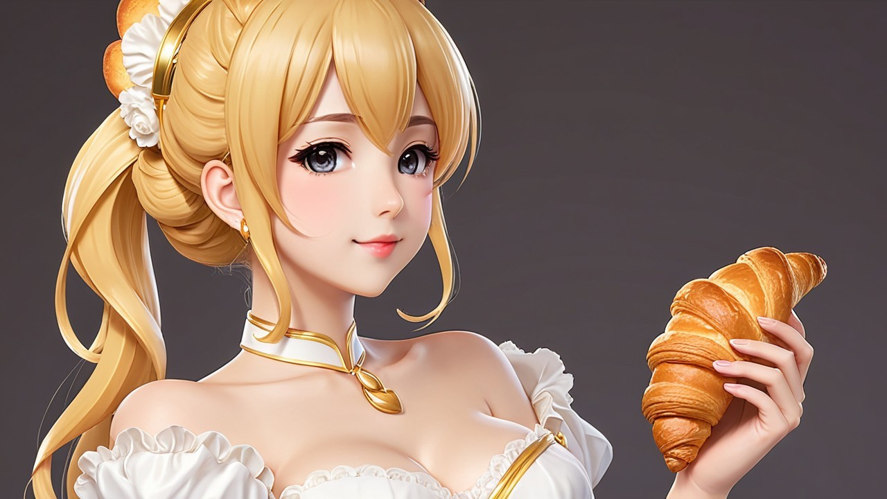Elegant Character with Blonde Hair and Croissant