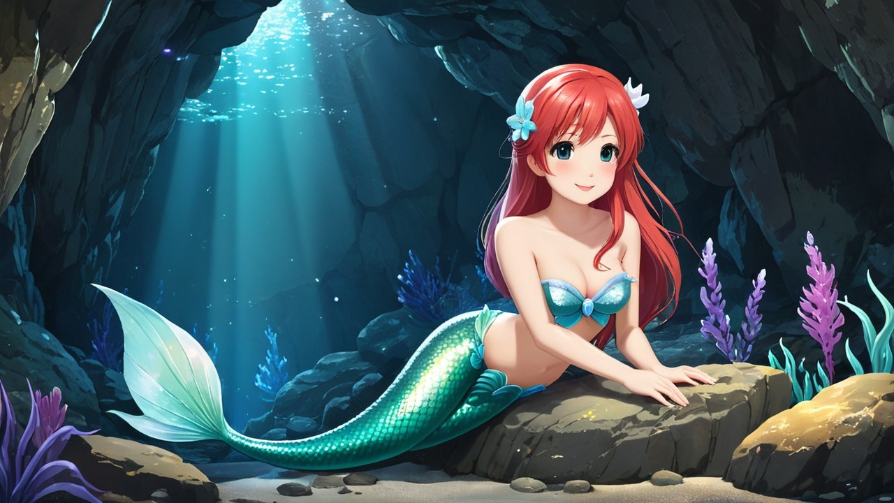 Whimsical Underwater Scene with a Cheerful Mermaid