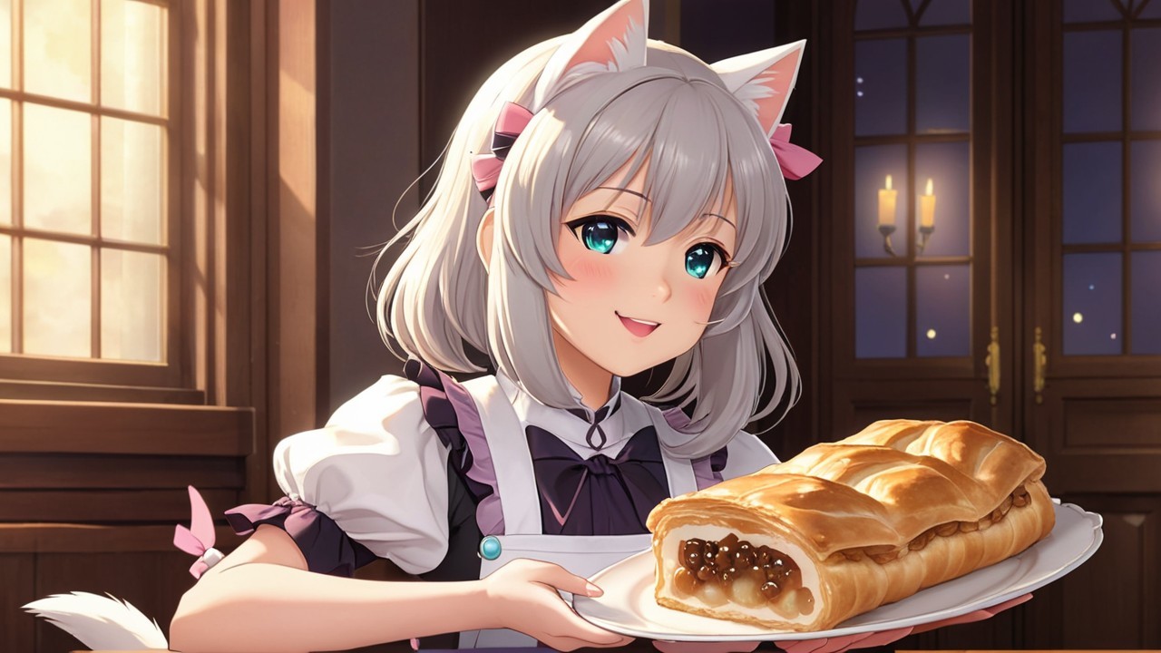 Cheerful girl with cat ears holding a golden-brown pastry