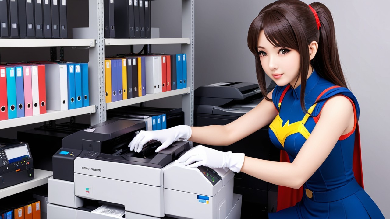 Young Woman in Colorful Superhero Costume at Office Printer