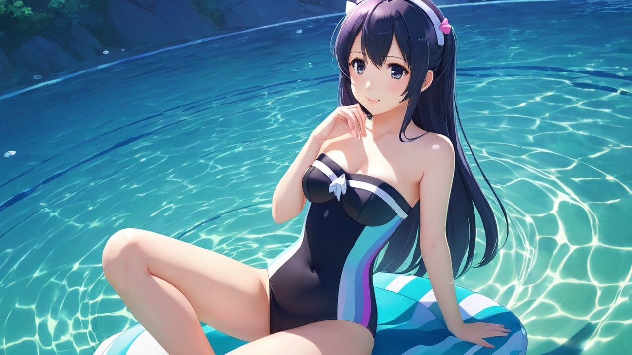 Young Woman on Float in Blue Pool with Greenery