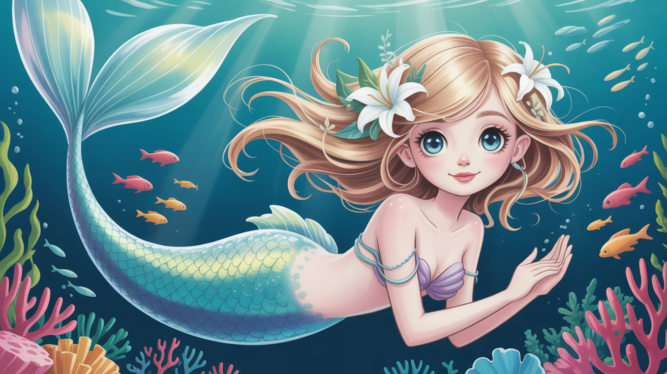 Anime Mermaid with Blonde Hair in Blue Ocean Waters