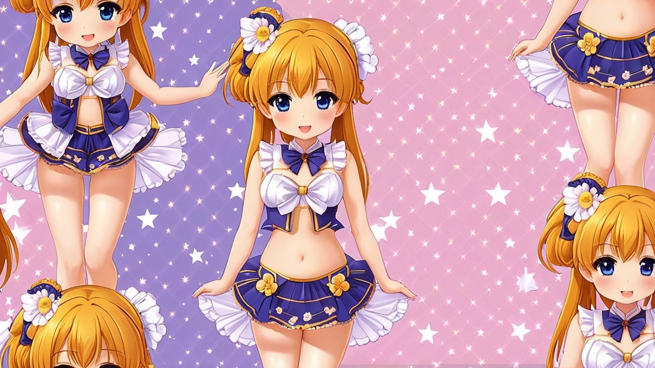 Cheerful anime character with flowers and frilly outfit
