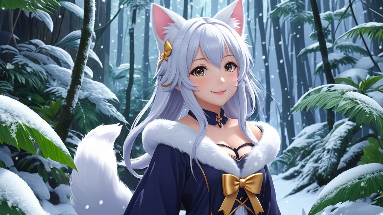 Anime girl in snowy forest with cat ears and tail