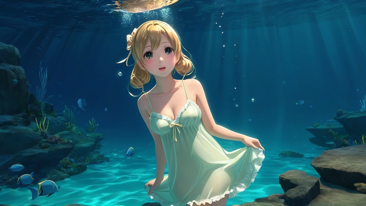 Underwater Scene with Young Woman and Aquatic Life