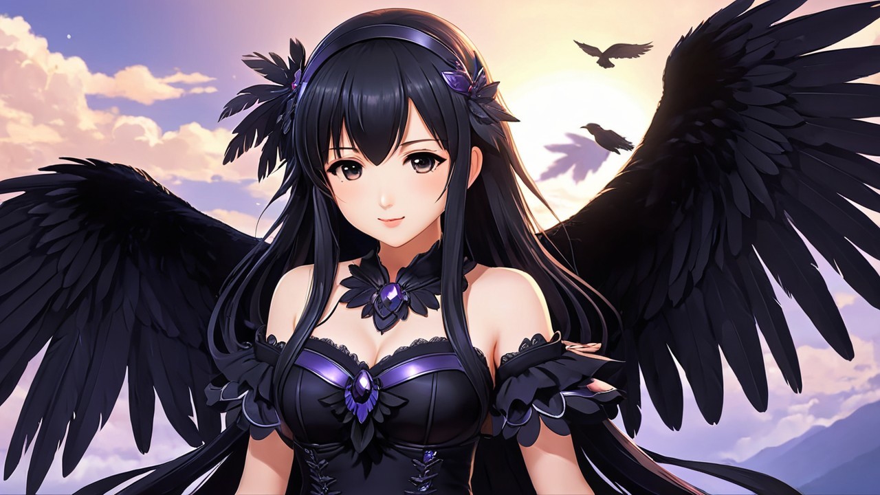 Character with Black Wings at Sunset Background