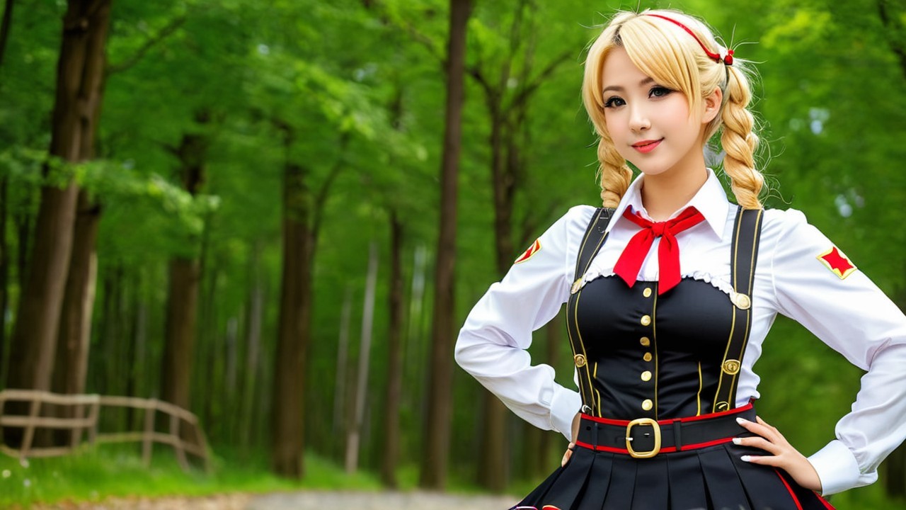 Young Woman in Anime Outfit in Lush Green Forest