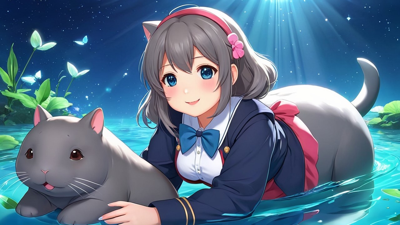 Cheerful girl with gray hair and cat-like creature in water