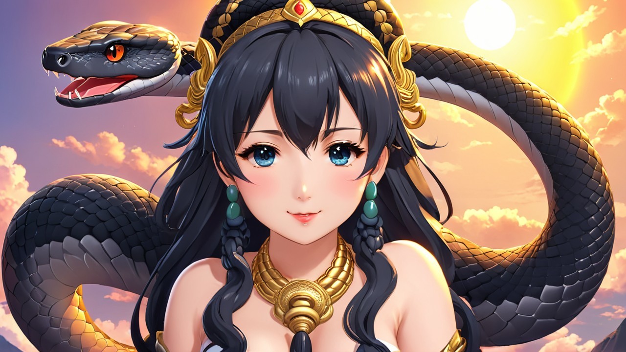 Fantastical Woman with Black Hair and Serpent Headpiece