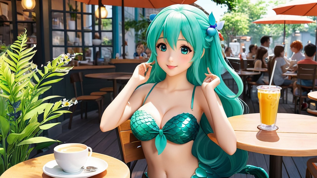 Vibrant Cafe Scene with Aqua-Haired Character