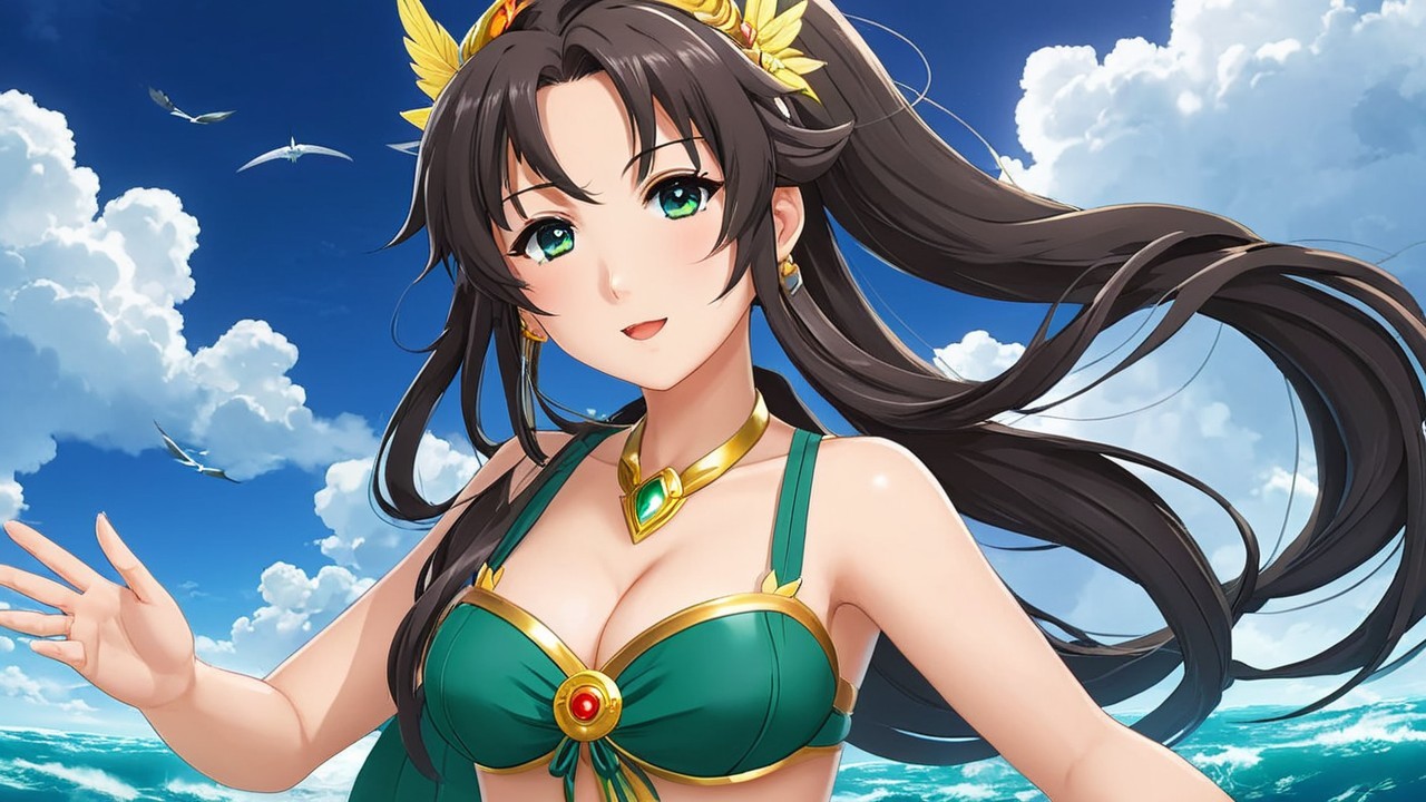Anime-style illustration of a woman in a green bikini