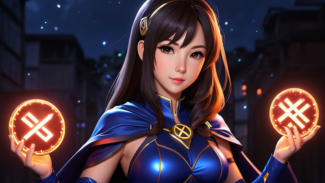 Young woman in blue costume with glowing symbols