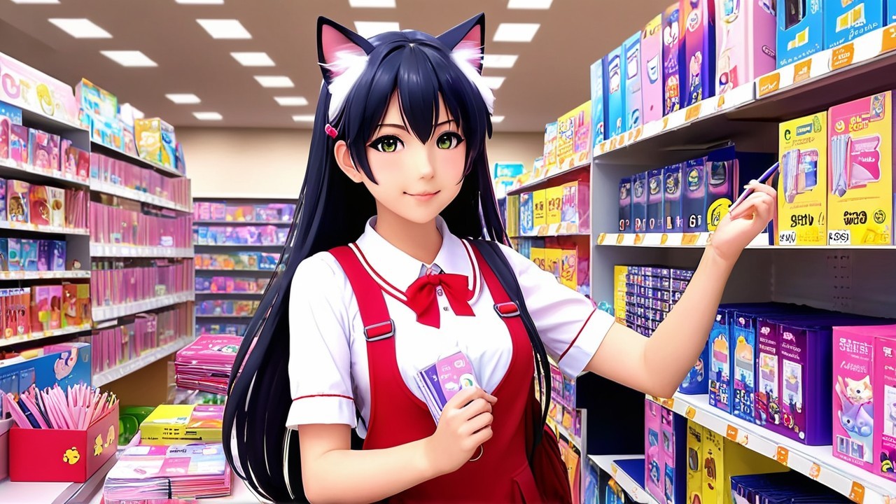 Cheerful Anime Girl in Colorful Stationery Store
