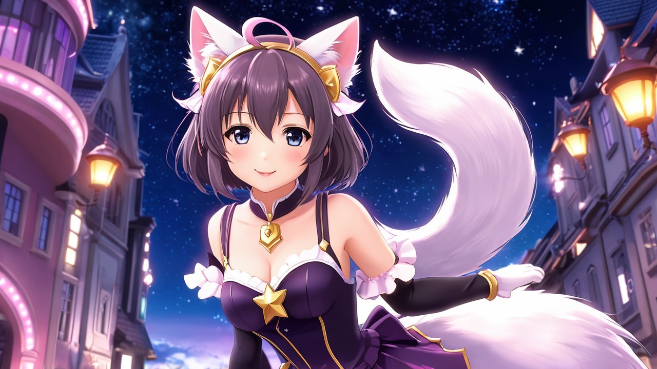 Cute character with cat ears in a starry urban setting