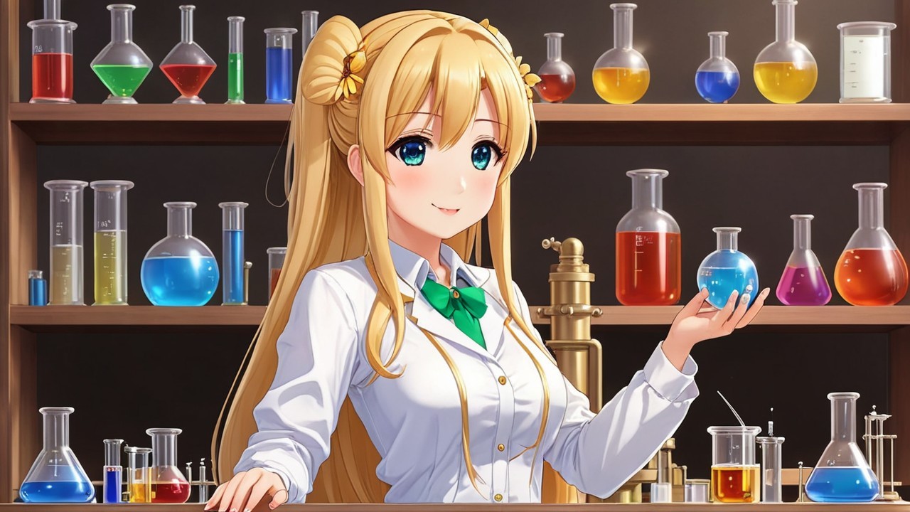 Young Woman in Lab Coat with Colorful Laboratory Setup