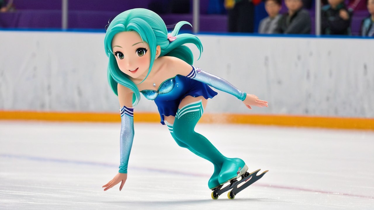 Vibrant Animated Character Ice Skating in Blue Outfit