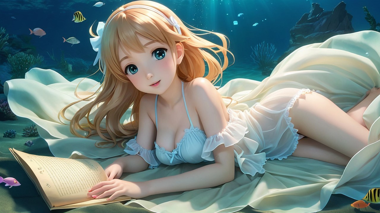 Underwater Scene with Woman in White Dress and Book